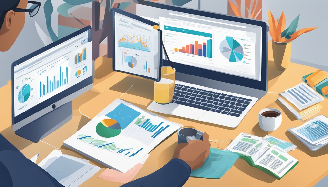 A person researching critical illness insurance options online, surrounded by charts and graphs