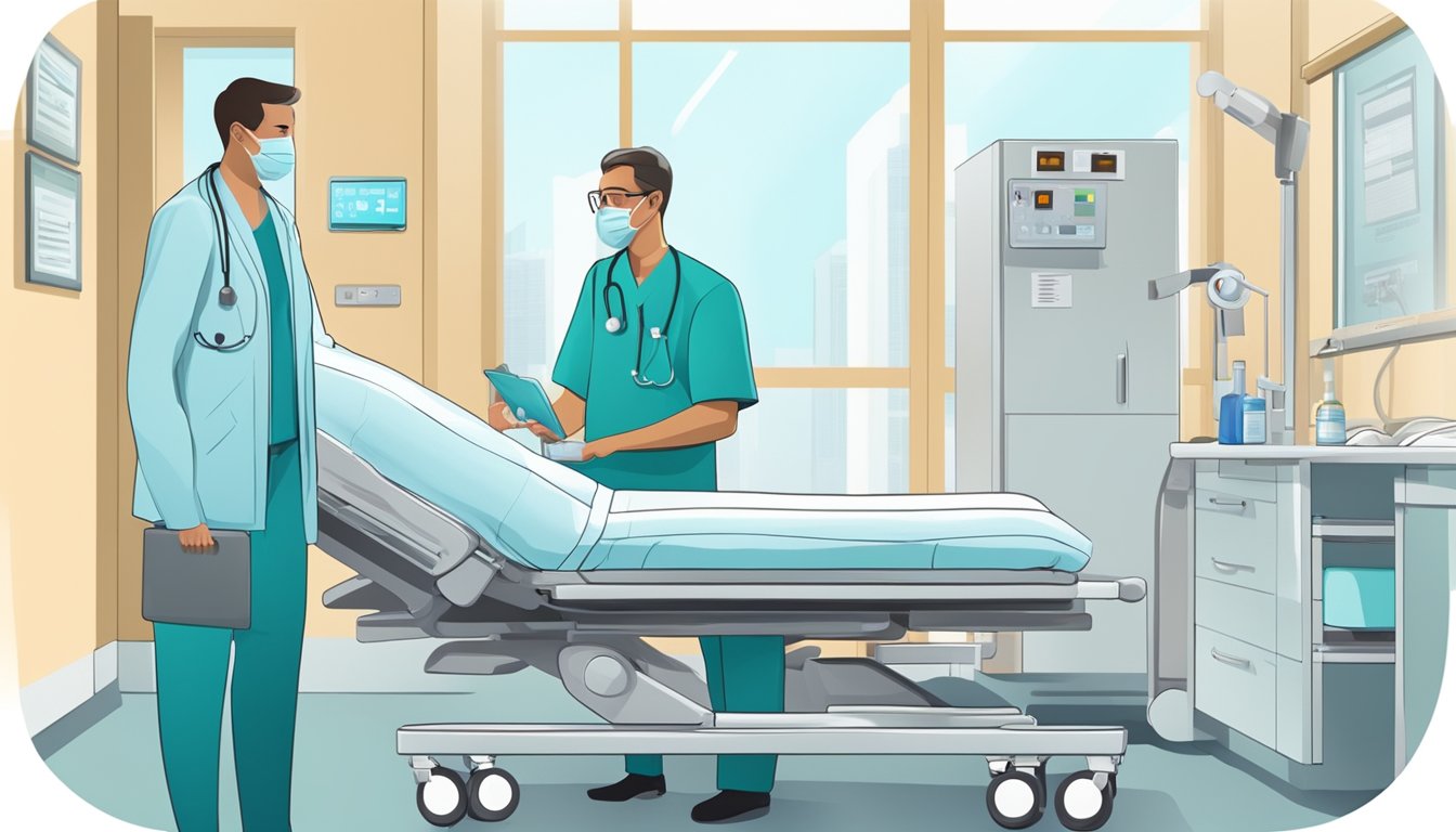 A hospital room with a bed, medical equipment, and a doctor discussing critical illness insurance with a patient