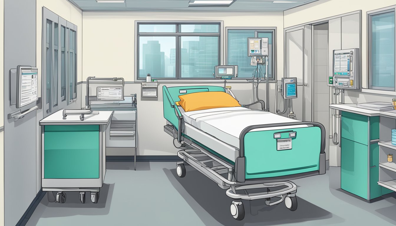 A hospital room with a bed, medical equipment, and a folder labeled "Policy Details and Provisions 50000 critical illness cover."