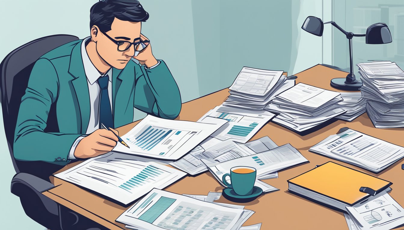 A person sitting at a desk, surrounded by financial documents and charts, with a concerned expression while considering critical illness insurance options