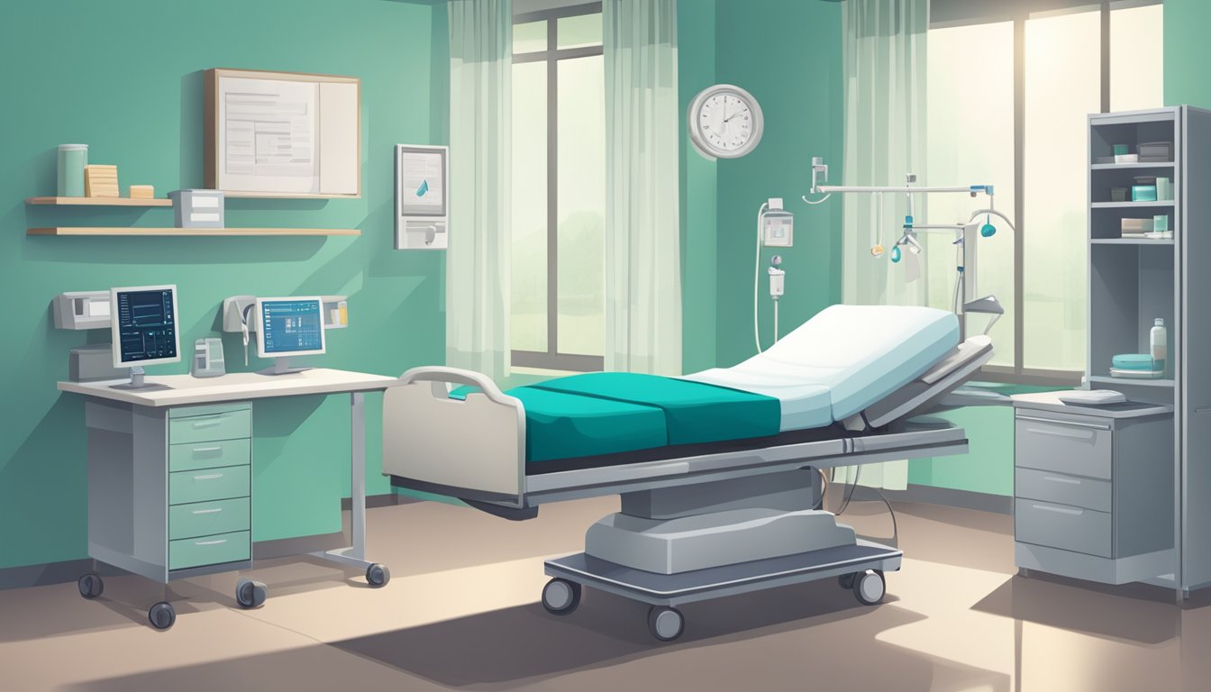 A hospital room with a bed, medical equipment, and a doctor discussing critical illness coverage with a patient