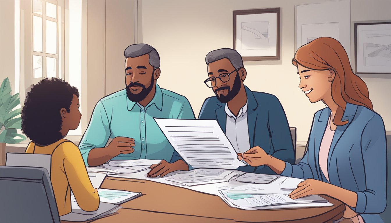 A family sits around a table, reviewing paperwork and discussing financial plans with a financial advisor. A document with "50000 critical illness cover" is prominently displayed