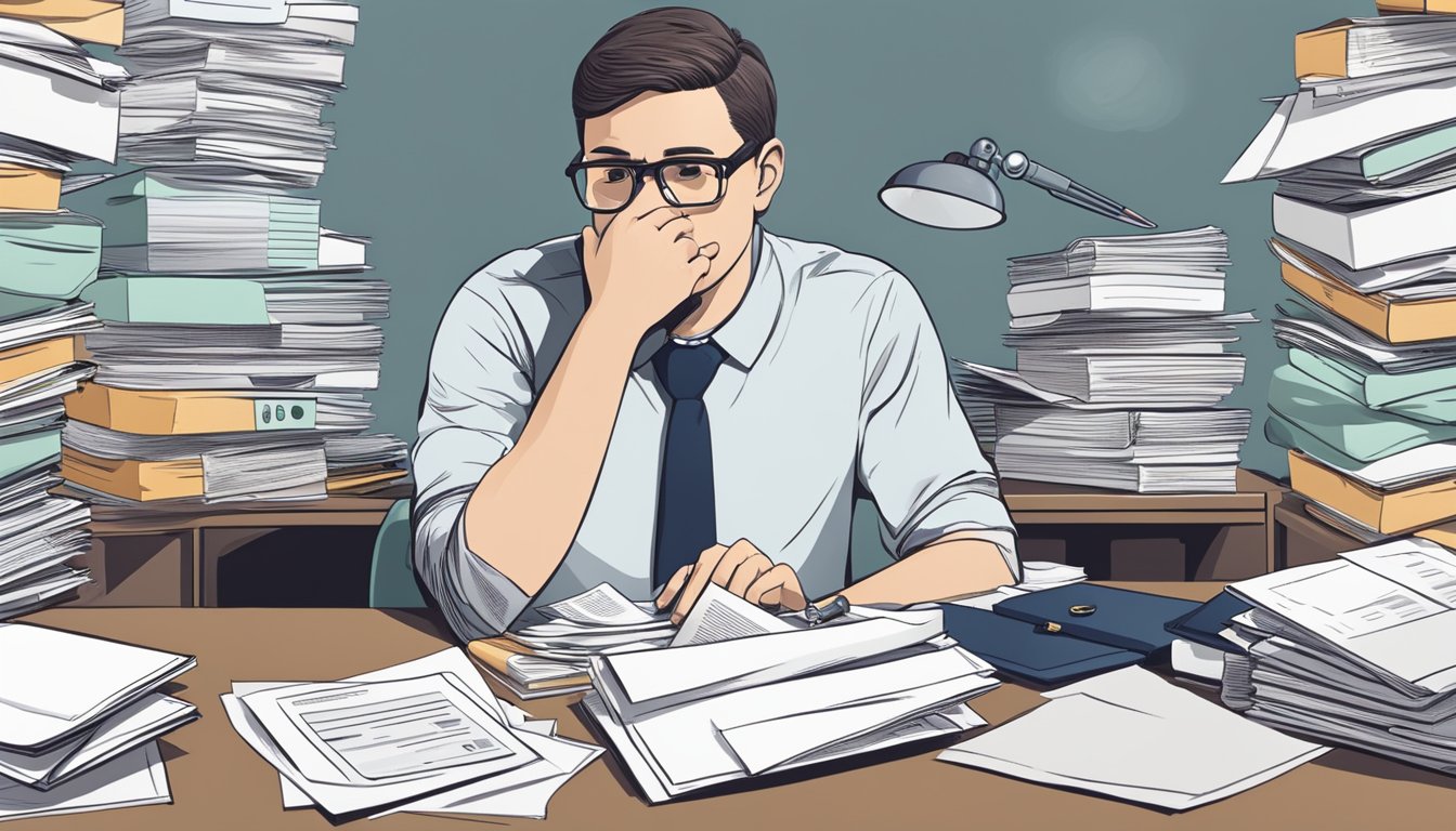 A person sitting at a desk, surrounded by medical documents and insurance papers, with a worried expression on their face