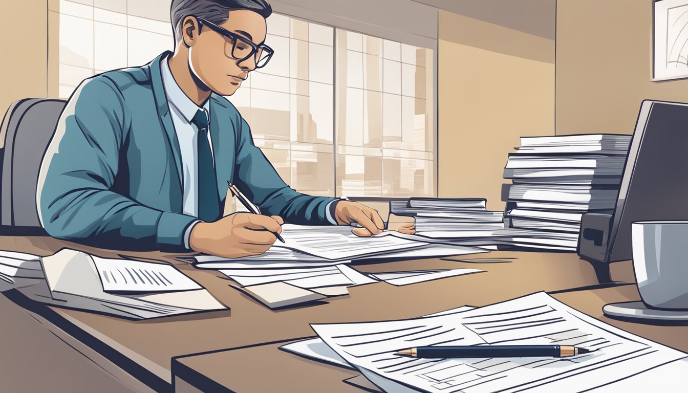 A person reviewing and signing critical illness insurance documents at a desk with a pen and paperwork spread out in front of them