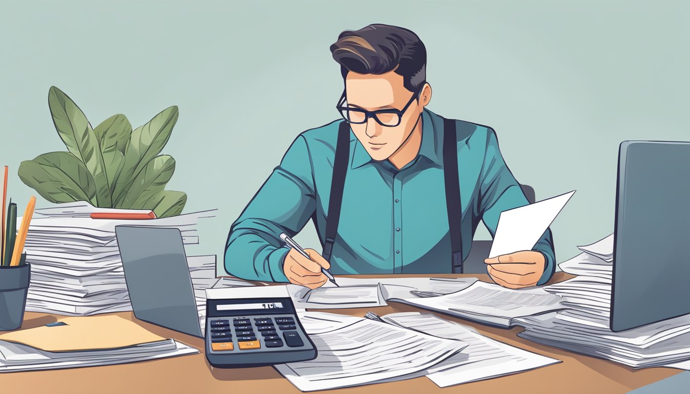 A person sitting at a desk, surrounded by insurance policy documents and a calculator, carefully comparing different options