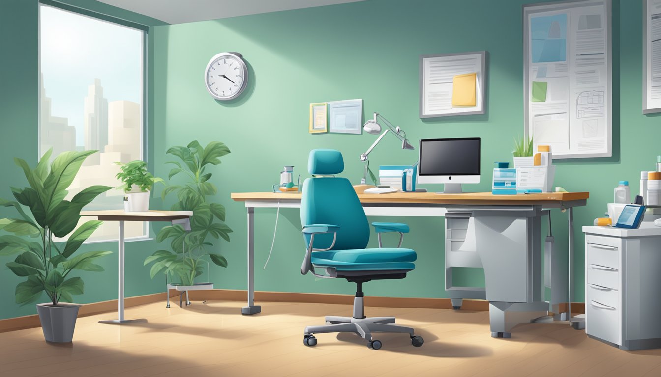 A doctor's office with a desk, chair, and medical equipment