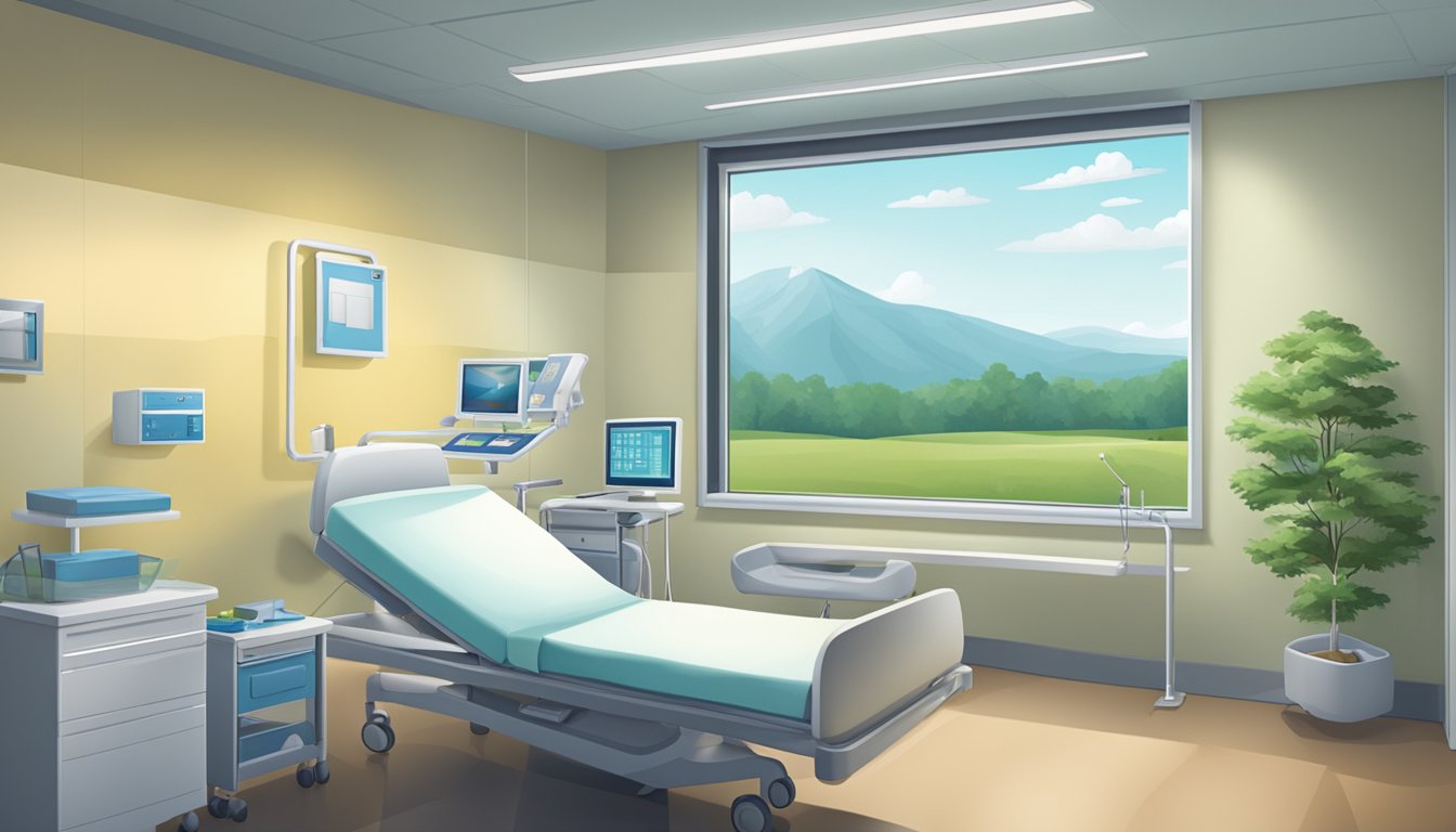 A hospital room with a bed, medical equipment, and a window overlooking a serene landscape