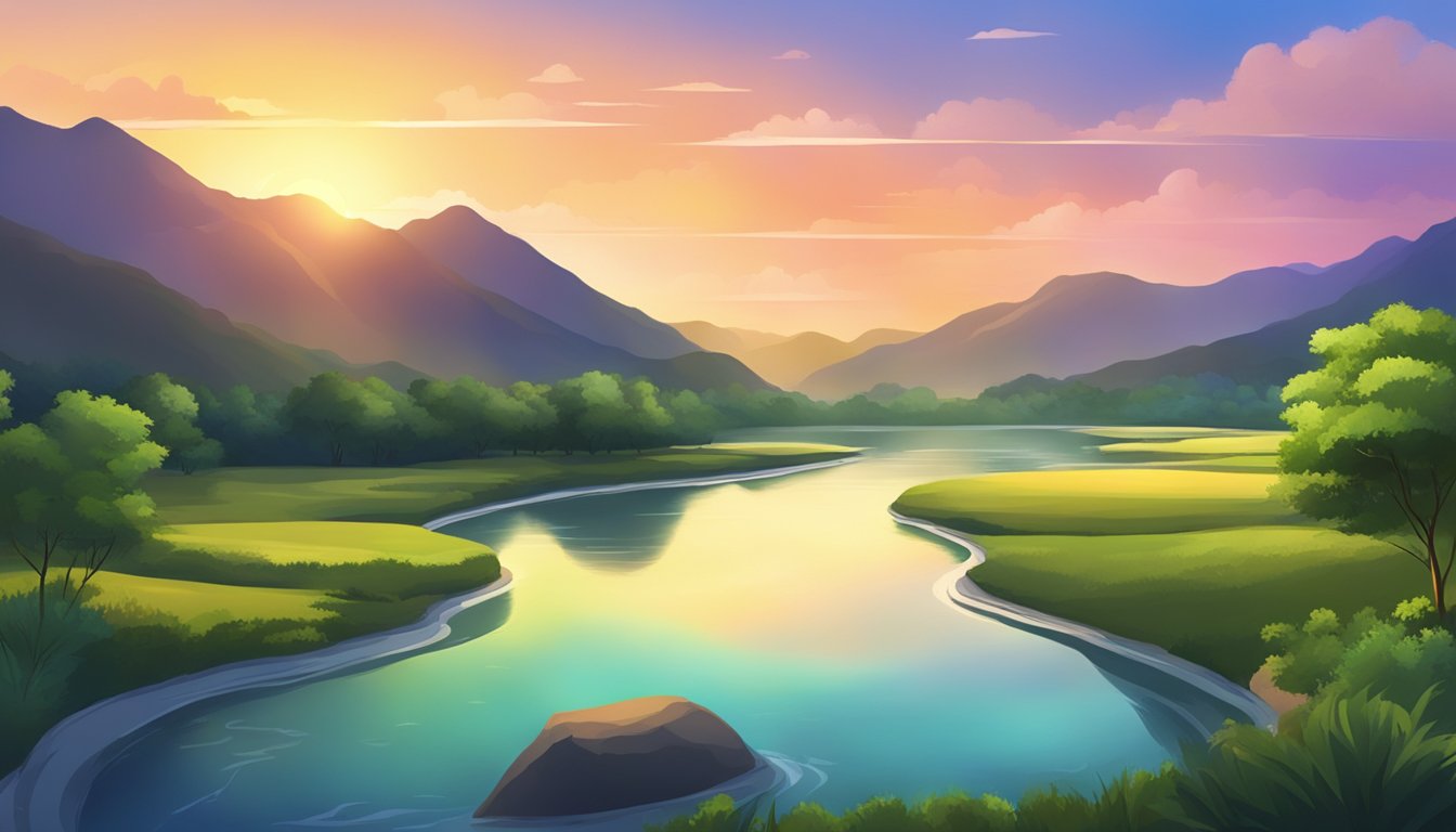 A serene landscape with a winding river, lush greenery, and a vibrant sunset sky