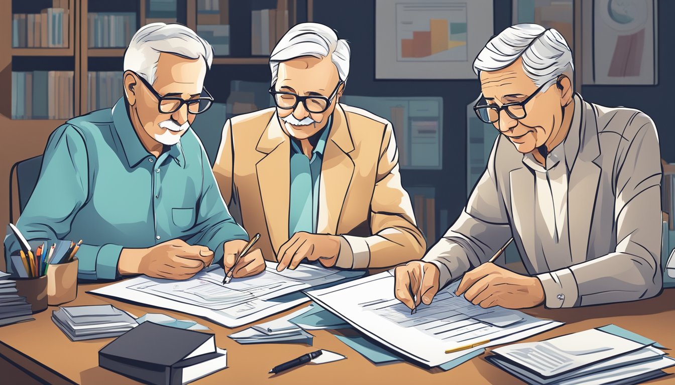 An elderly couple reviewing documents with a financial advisor, surrounded by charts and graphs