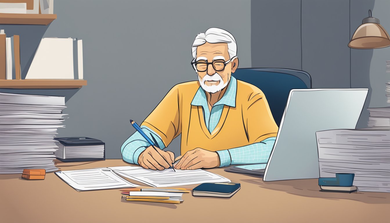 A senior citizen sitting at a desk, filling out paperwork for critical illness insurance. A stack of documents and a computer are nearby