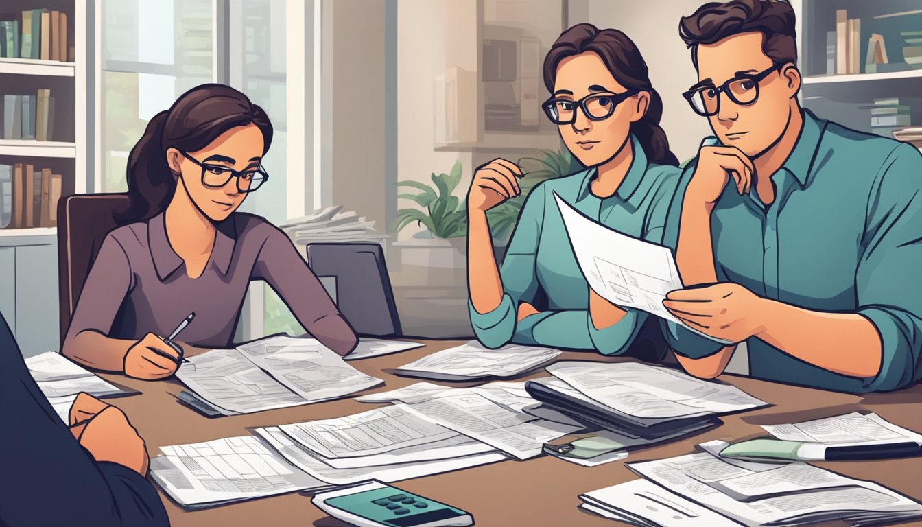 A family sitting at a table, discussing finances with papers and calculators spread out. A concerned look on their faces as they consider critical illness cover