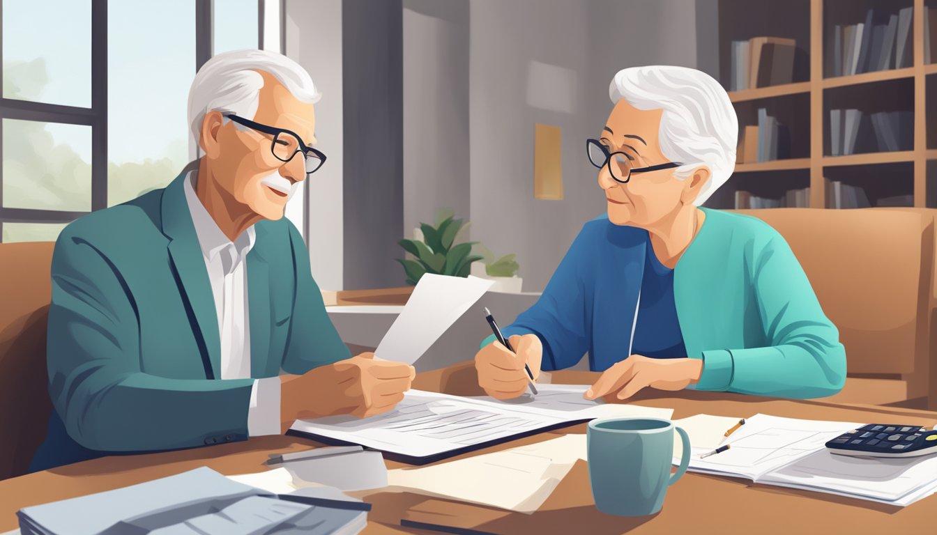 A senior citizen reviewing critical illness insurance options with a financial advisor