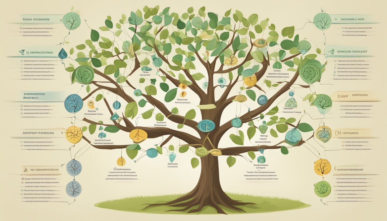 A family tree with branches representing different generations, with medical symbols and risk factors surrounding it