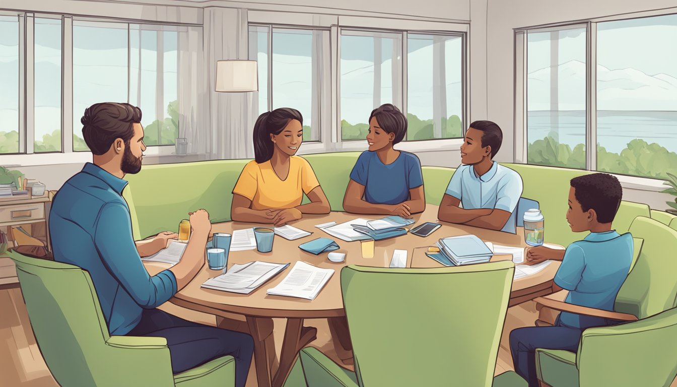 A family of four sitting around a table, discussing critical illness insurance options with a financial advisor