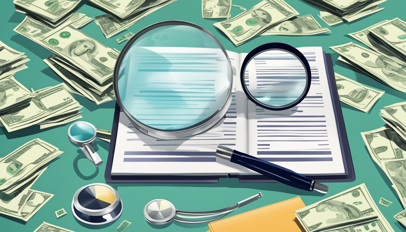 A stack of medical documents surrounded by dollar signs and a magnifying glass