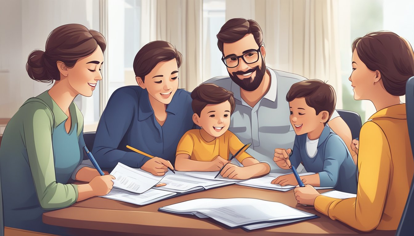 A family sitting around a table, signing documents with a large insurance policy folder open in front of them