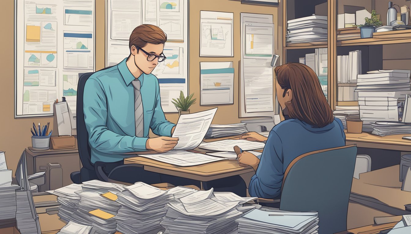 A person sitting at a desk, surrounded by paperwork and charts, considering pricing options for dread disease insurance