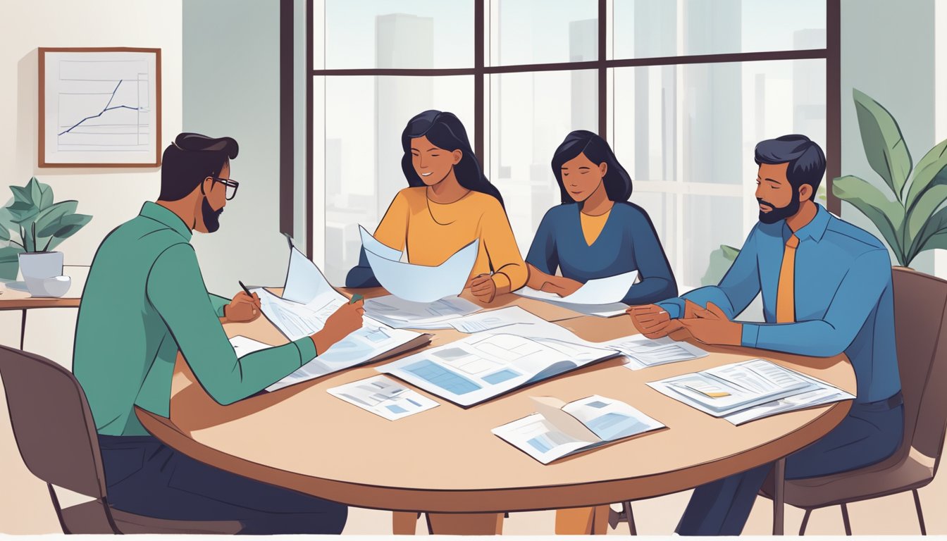 A family sitting around a table, discussing and planning for critical illness insurance. Documents and charts are spread out in front of them as they engage in a serious conversation