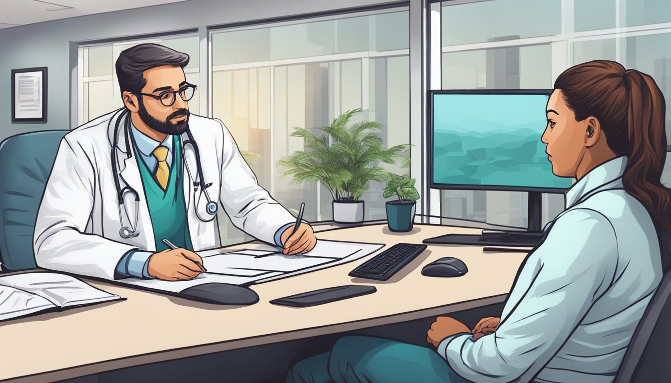 A doctor discussing dread disease insurance with a concerned patient in a modern office setting