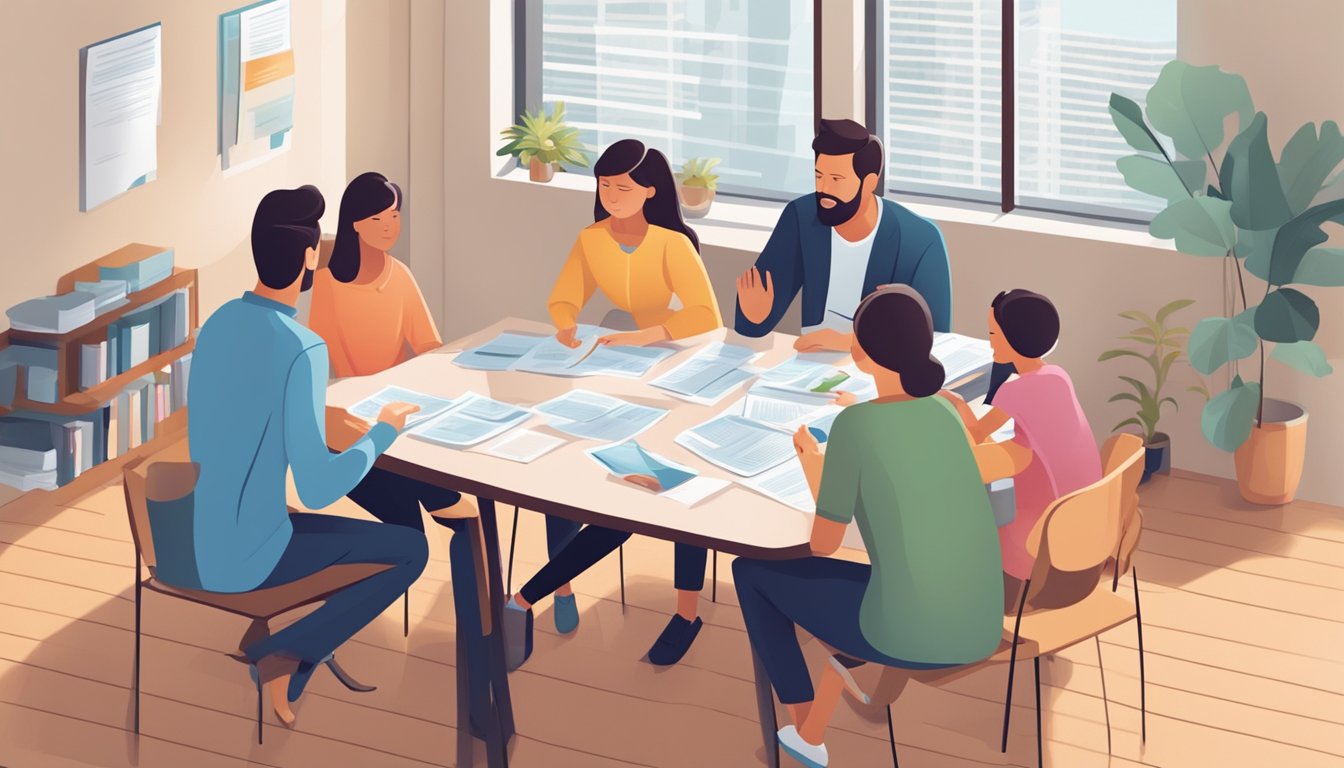 A family sitting at a table with an insurance agent, discussing critical illness coverage. Documents and brochures are spread out on the table