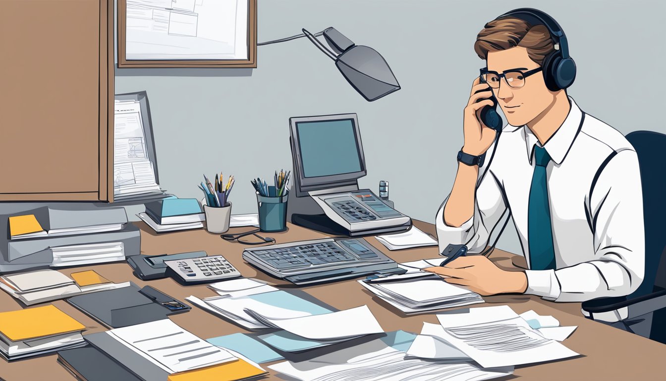 A desk with a computer, papers, and a calculator. A person on the phone with a client. Another person reviewing medical documents