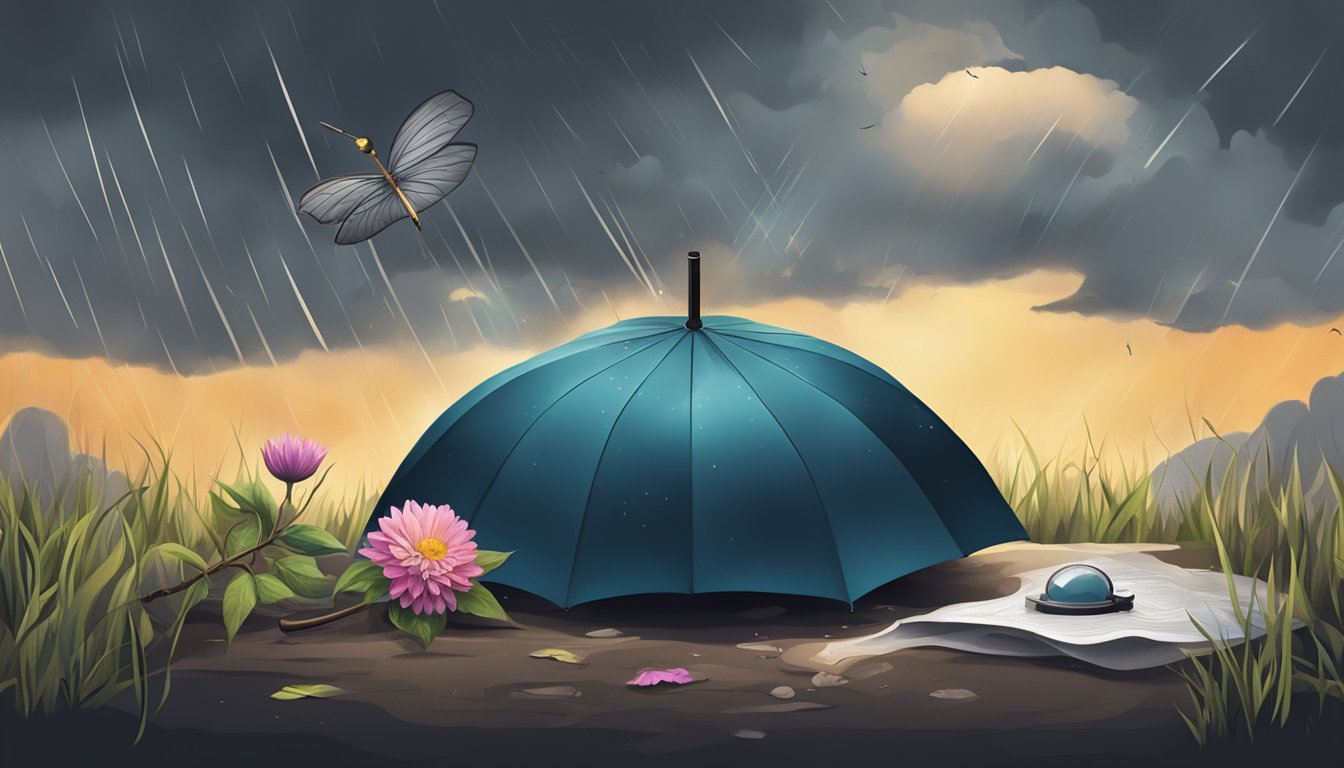 A dark storm cloud looming over a broken umbrella, with a cracked magnifying glass and a wilted flower nearby