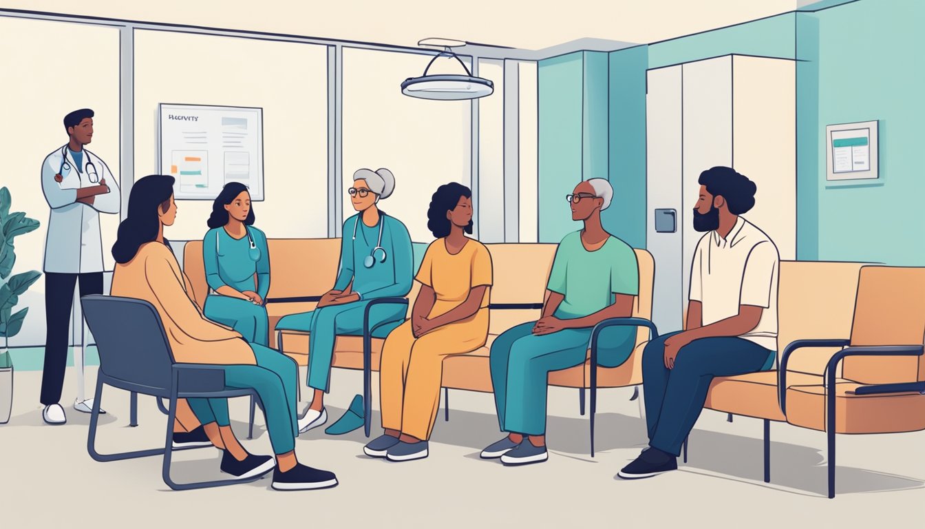 A doctor discussing a critical illness insurance plan with a patient's family in a hospital waiting room