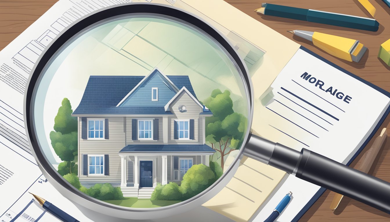 A house with a mortgage document and a detailed policy for critical illness insurance laid out on a table, with a magnifying glass highlighting the important details