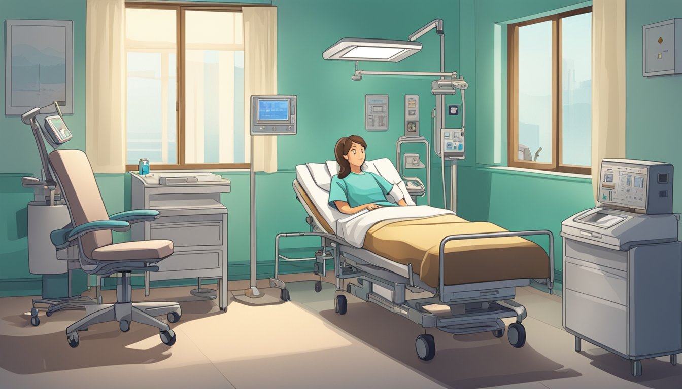 A hospital room with medical equipment, a bed, and a worried family member sitting in a chair