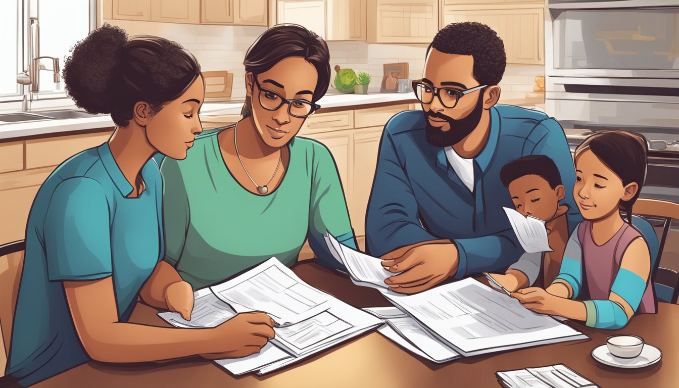 A family sitting at a kitchen table, reviewing mortgage documents and discussing financial planning with a critical illness insurance agent