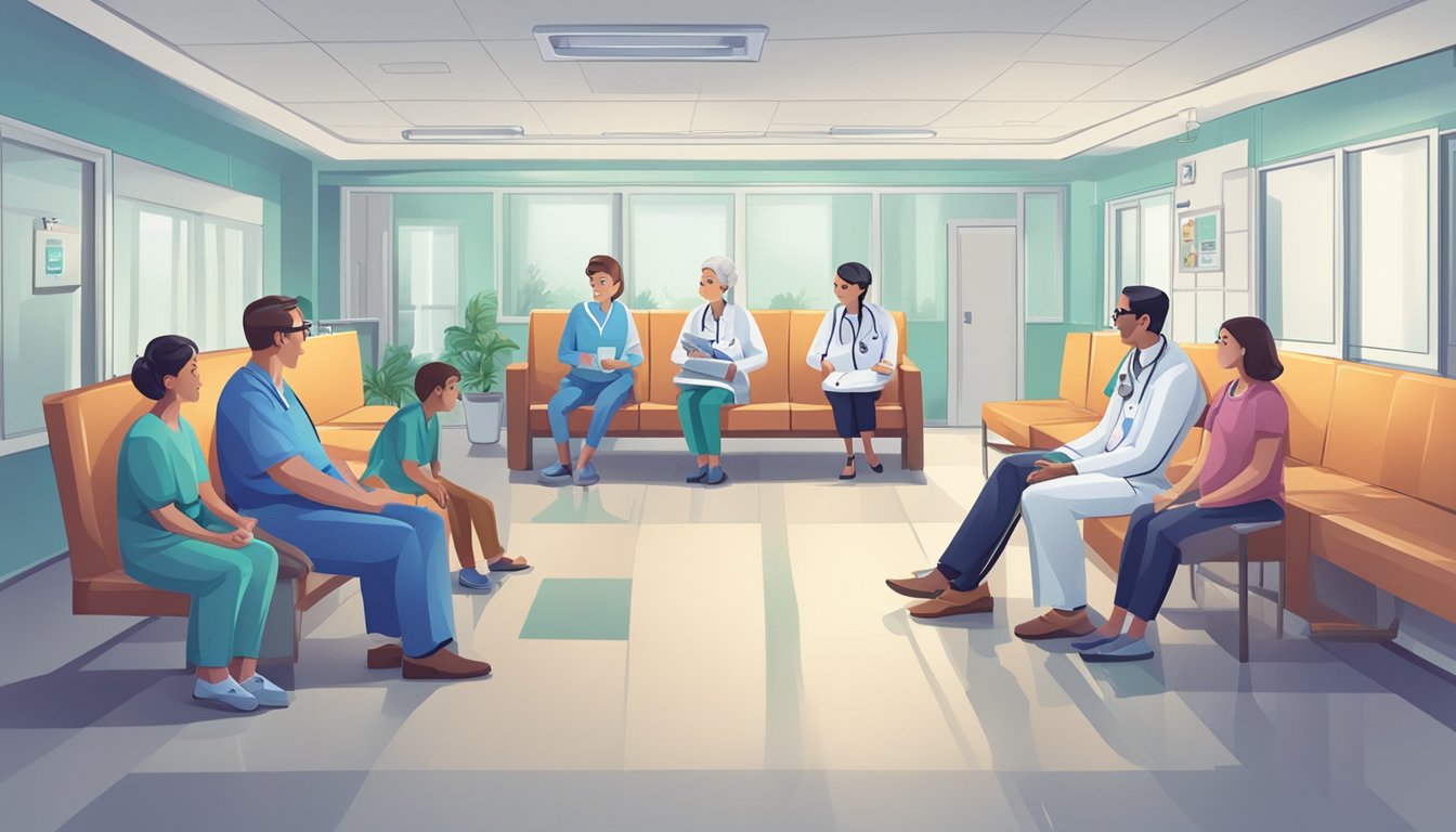 A doctor explaining critical illness insurance to a patient's family in a hospital waiting room