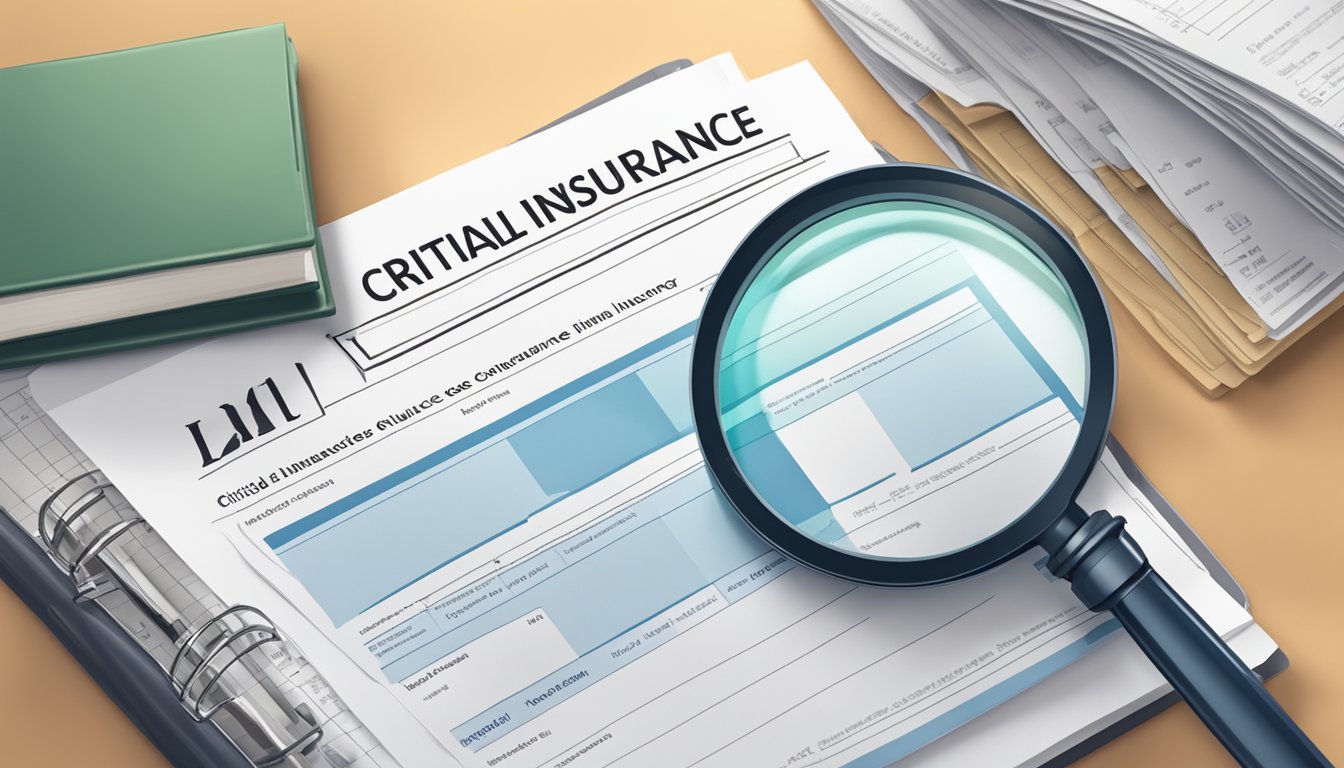 A stack of policy documents with a magnifying glass focused on the critical illness insurance section