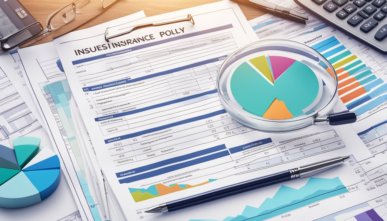 A stack of paperwork with a critical illness insurance policy on top, surrounded by charts and graphs showing costs and benefits