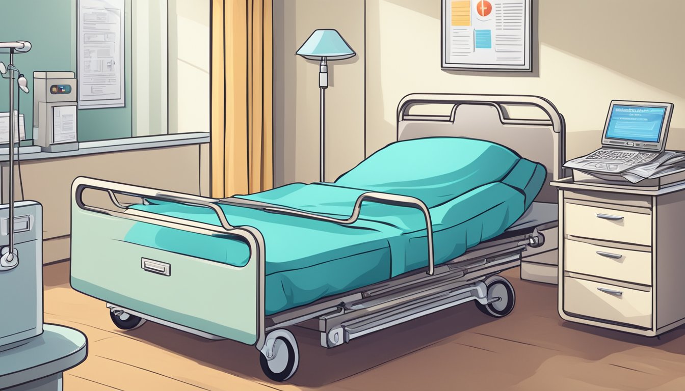 A hospital bed with a critical illness insurance policy for 100k displayed on a bedside table