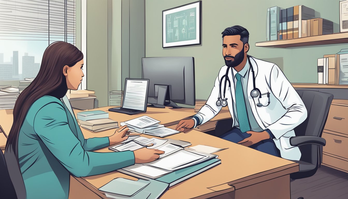 A doctor explaining critical illness insurance to an employee in an office setting