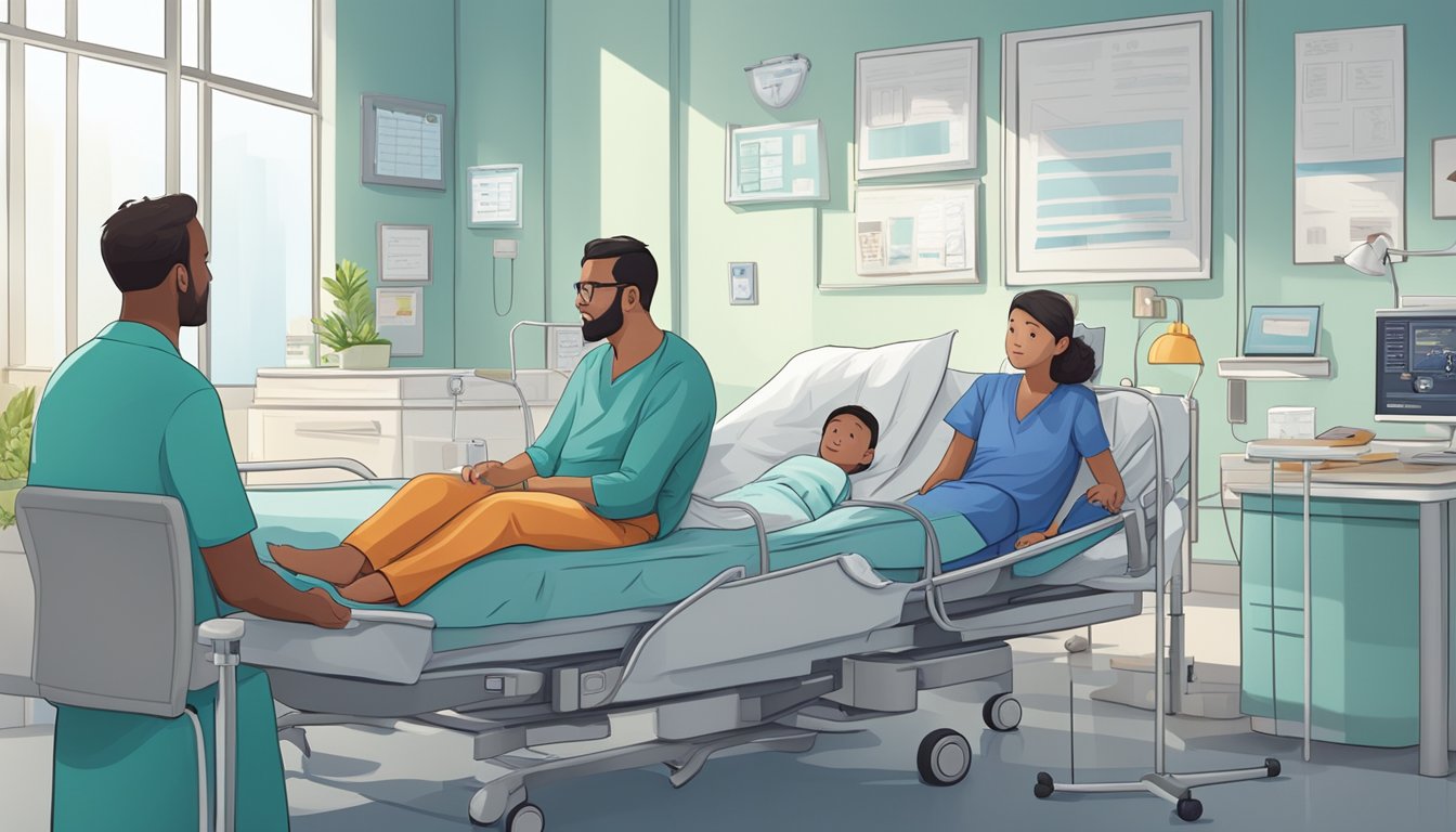 A child sitting in a hospital bed with concerned parents and a doctor discussing critical illness insurance benefits