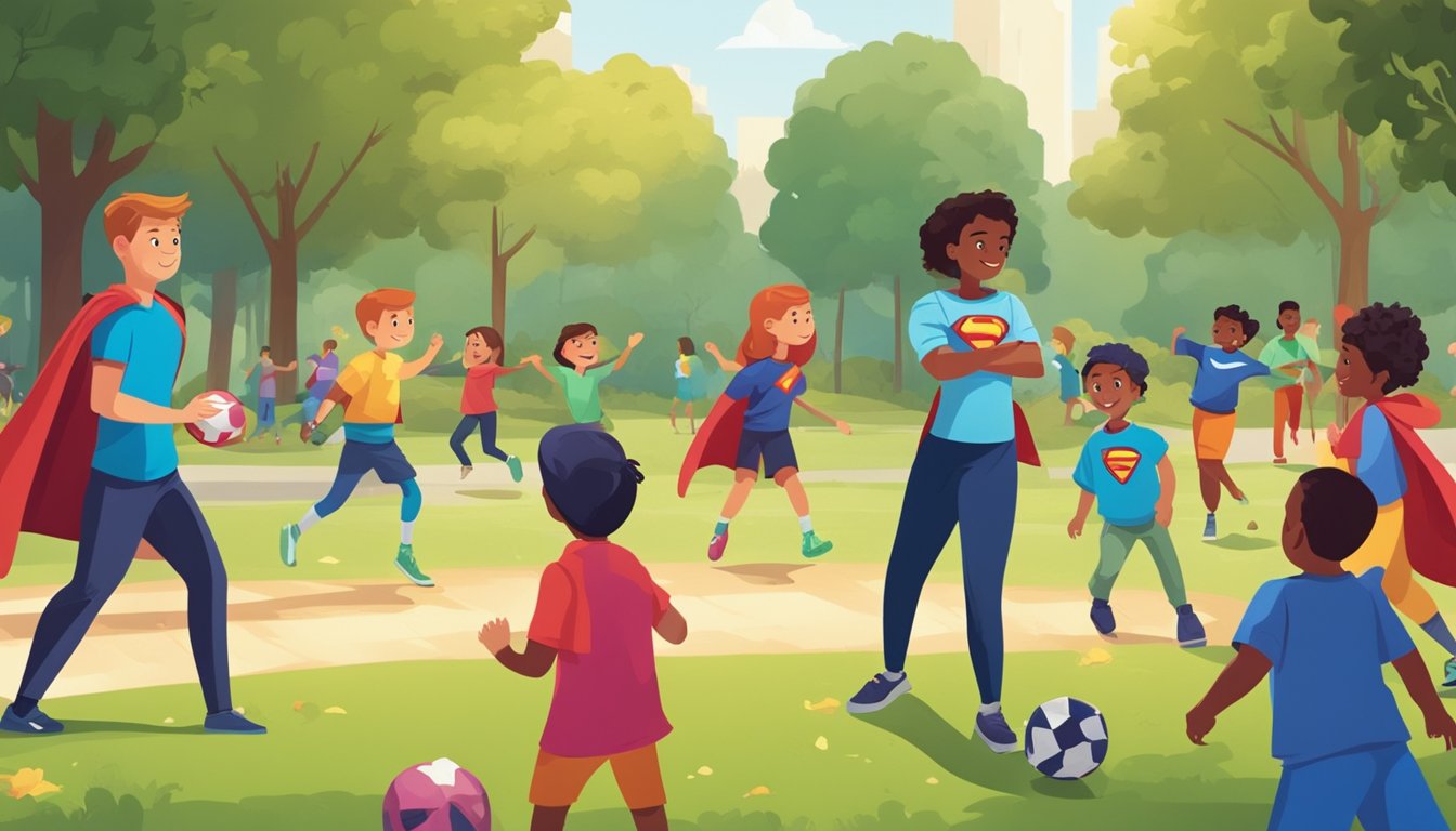 A group of children playing in a park, some wearing superhero capes, while others are engaged in a game of tag. Nearby, parents are discussing various critical illness insurance plans for their kids