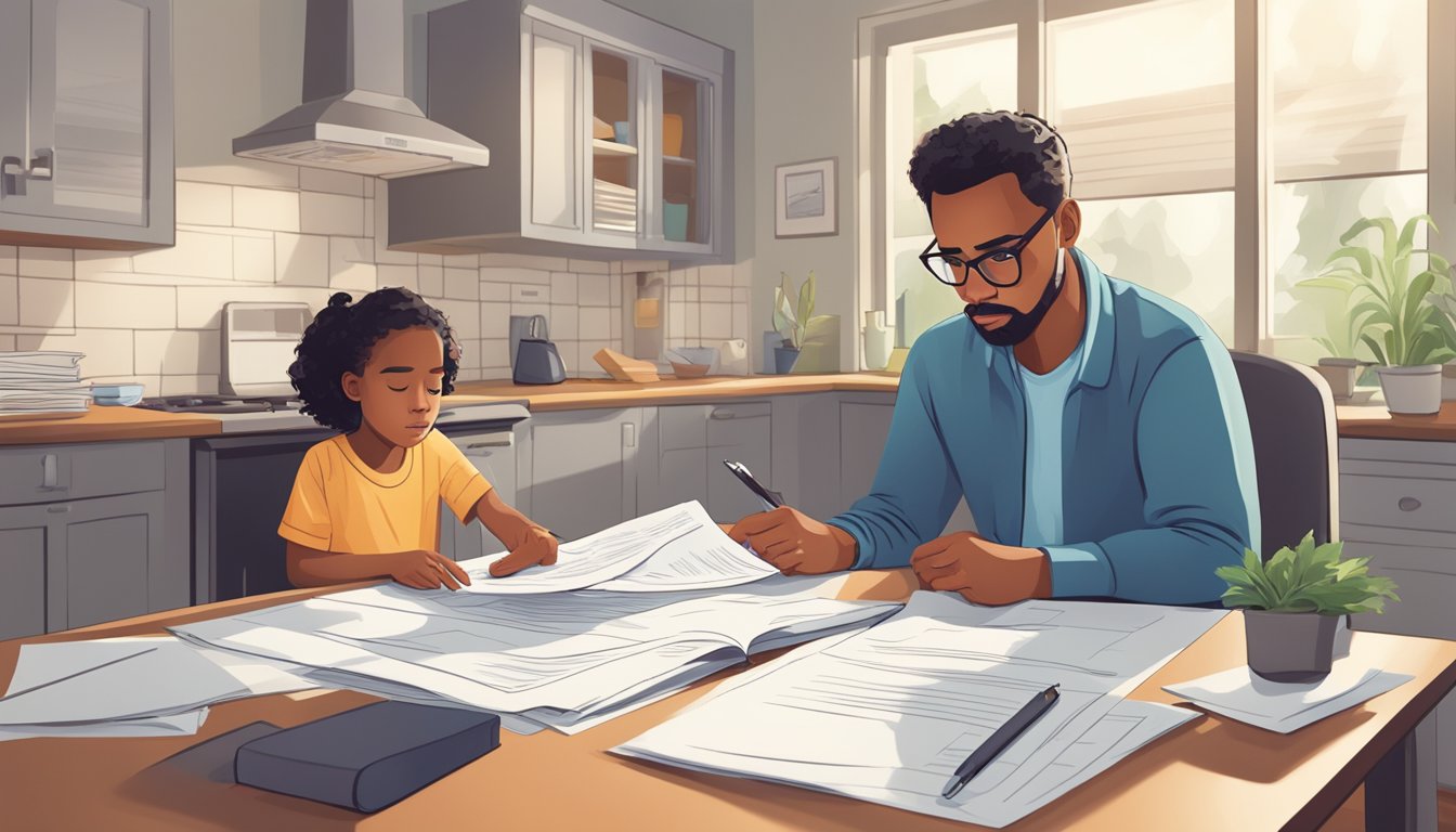 A worried parent reviewing paperwork for critical illness insurance for their child