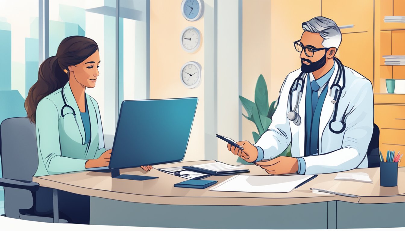 A doctor discussing insurance coverage with a patient in a bright, modern office setting