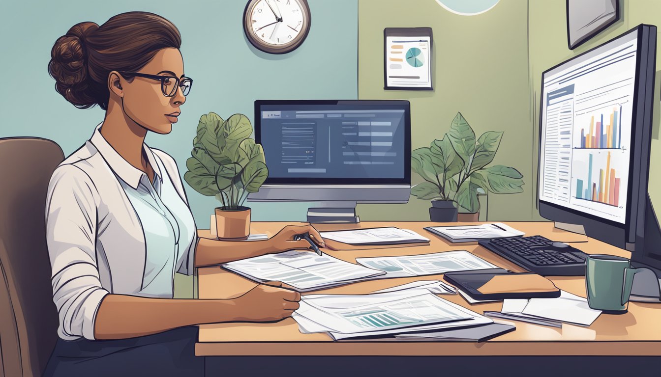 A woman reviewing critical illness insurance options at her desk. Documents and a calculator are spread out in front of her