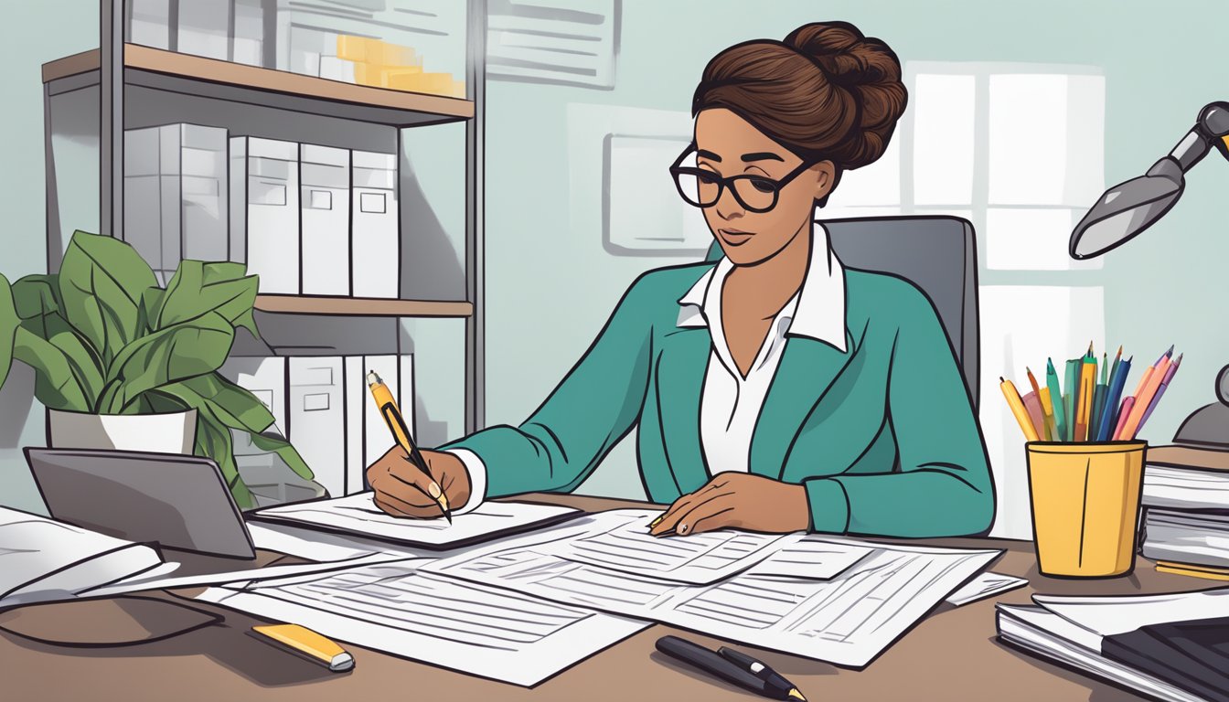 A woman reviewing and signing critical illness insurance forms at a desk with a pen and paperwork spread out in front of her