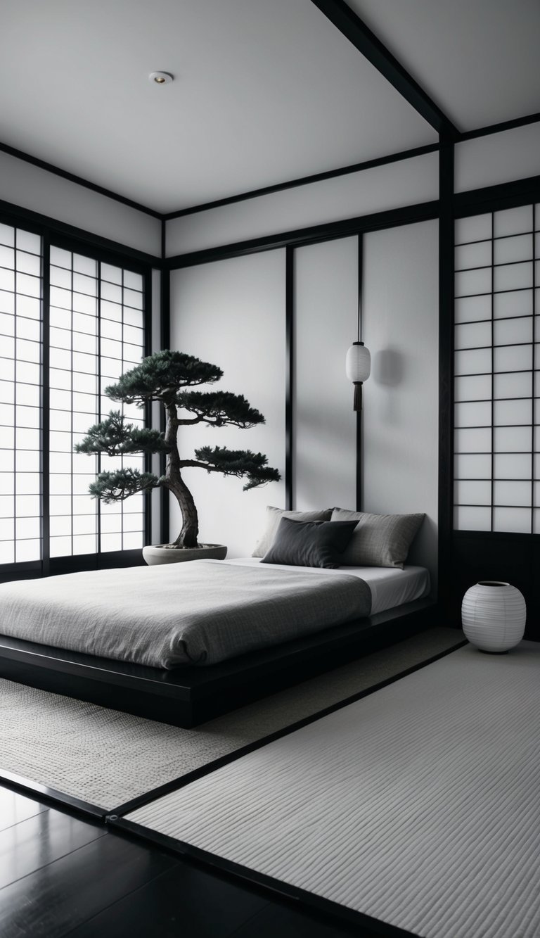 A minimalist bedroom with tatami mats, sliding shoji screens, and a low platform bed. A bonsai tree and paper lanterns add to the Japanese-inspired decor