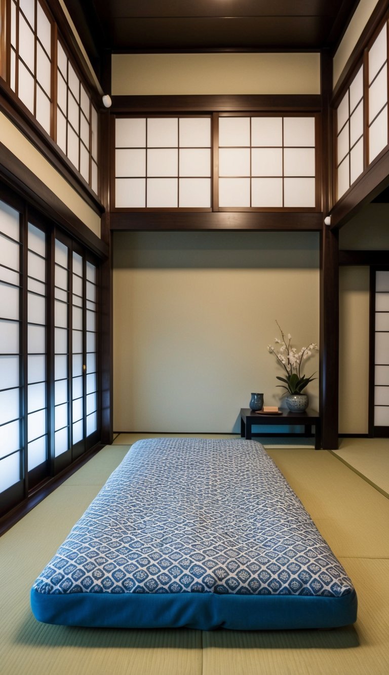 A traditional Japanese shikibuton mattress surrounded by minimalist decor and sliding shoji doors in a serene tatami room