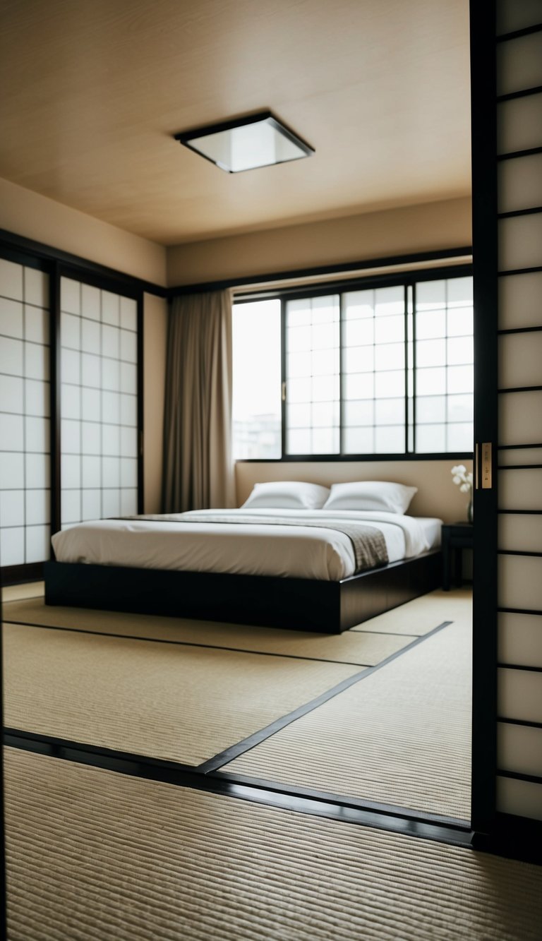 A spacious bedroom with tatami flooring, sliding shoji doors, and minimalist Japanese decor