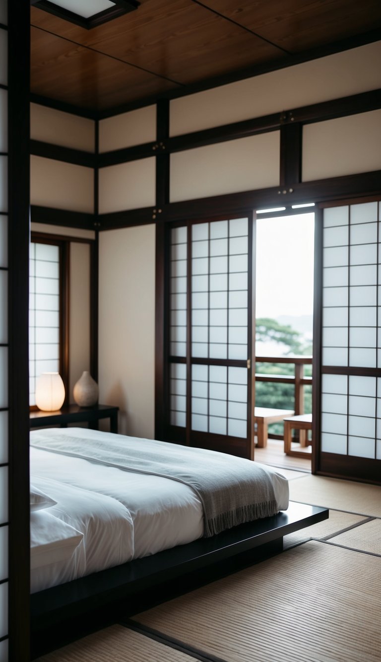 A traditional Japanese bedroom with shoji screens, low platform bed, tatami mats, and minimalist decor