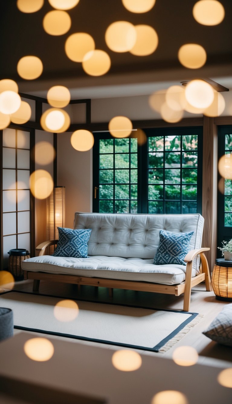 A cozy futon sofa bed surrounded by Japanese-inspired bedroom decor