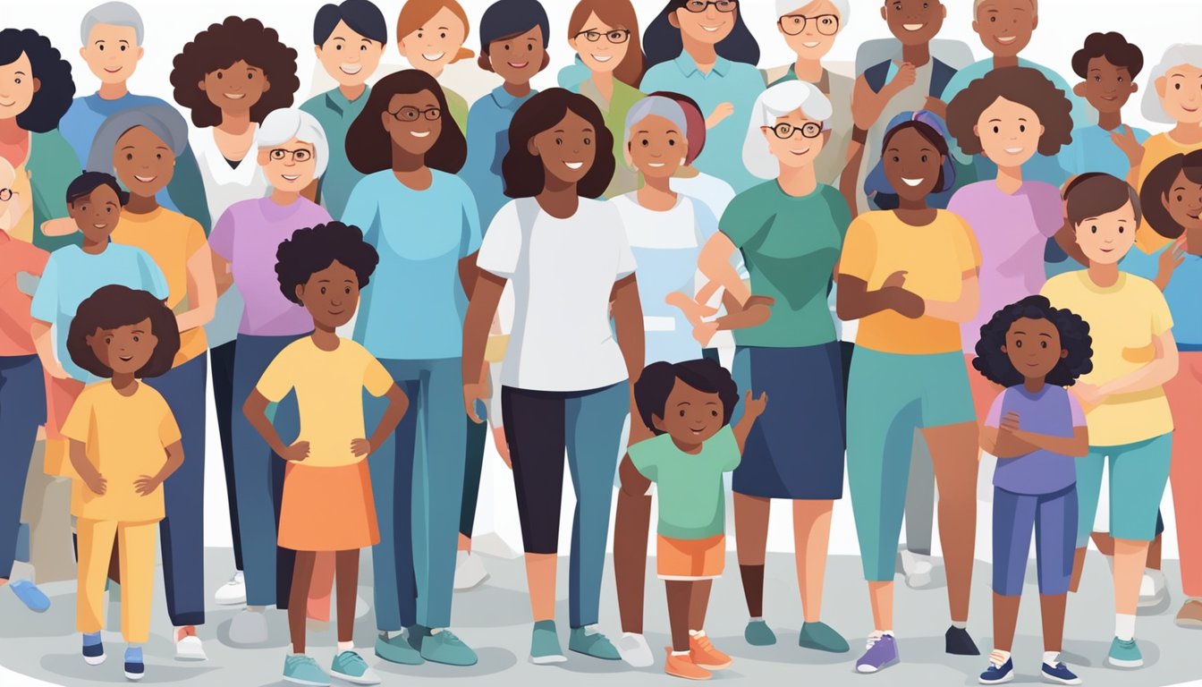 A diverse group of women of different ages and backgrounds, representing special populations, are engaged in various activities, such as exercising, working, and caring for children, while a protective shield symbolizes critical illness insurance