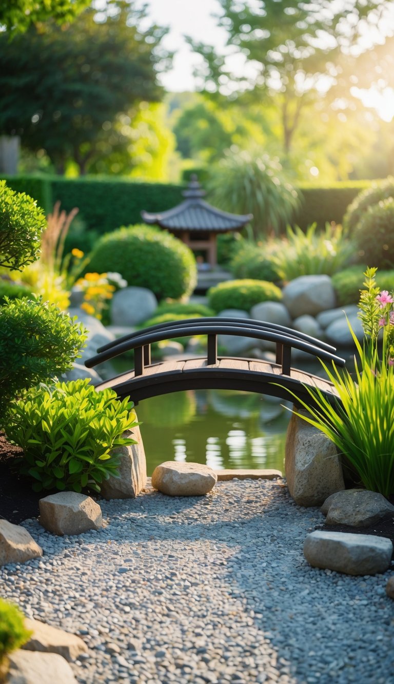 A serene Zen garden with a small bridge, raked gravel, and carefully placed rocks surrounded by lush greenery and a peaceful pond