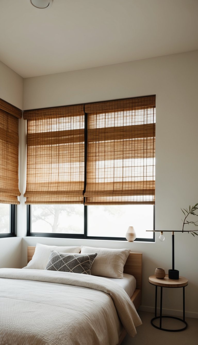 A serene bedroom with bamboo blinds, minimalist decor, and natural light inspired by Japanese design