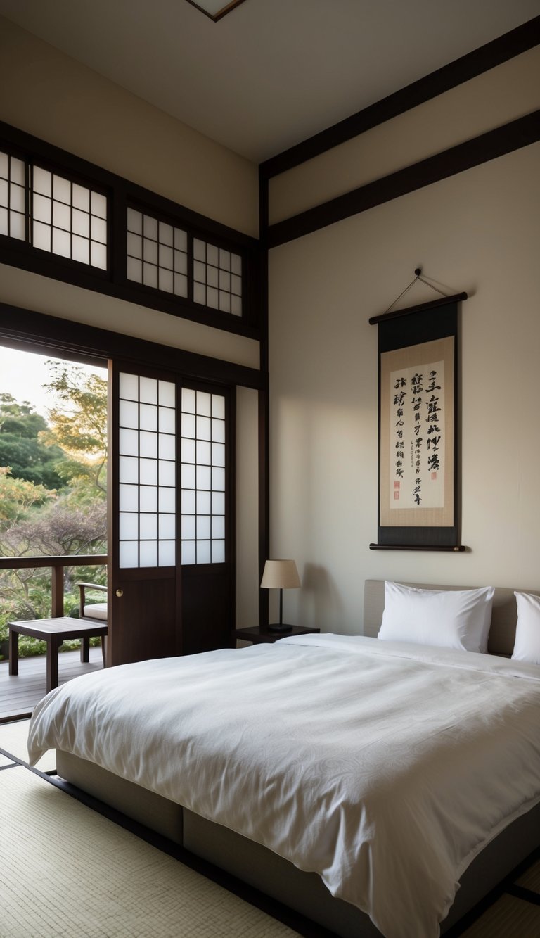 A serene bedroom with a kakejiku wall scroll, minimalist furniture, shoji screen, tatami mat flooring, and soft natural lighting